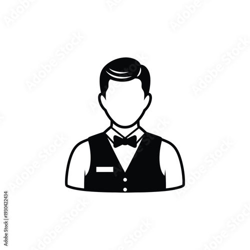 Simple line art illustration of a waiter wearing a bow tie and vest from the chest up