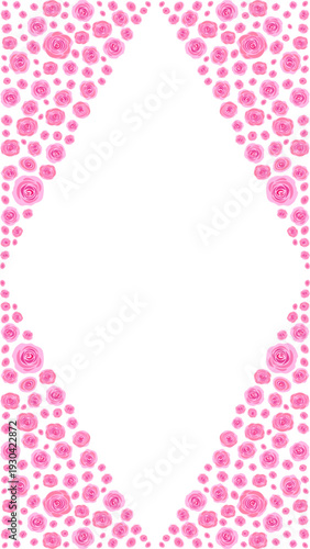 Pink rose floral frame border with copy space on white background. Vector illustration. Diamond shape frame.