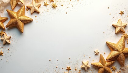 Golden stars with glitter scattered on white background. Festive design element for celebrations and holidays. Elegant ornate border with sparkling star shapes and confetti.