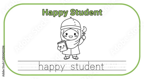 Happy Muslim Student Girl Holding Book and Crescent Moon Icon, Coloring Page