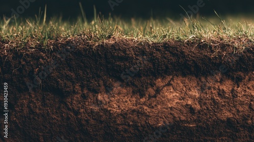 Close-Up View of Soil Layer Featuring Rich Brown Earth and Lush Green Grass on Top, Displaying Natural Texture and Organic Material Beneath the Surface
