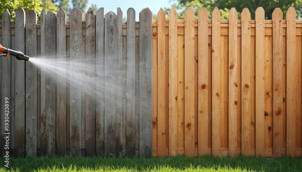 Fototapeta premium Pressure washing transforms weathered wood fence. One side is grey and dirty, the other is clean and bright. Backyard cleaning service makes home exterior look new. Restoration process is clear.