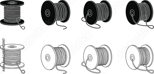 Electrical Cable Spool Set with Wire Reel Rolls in Solid and Outline Style Vector Illustration Collection for Industrial and Construction Design