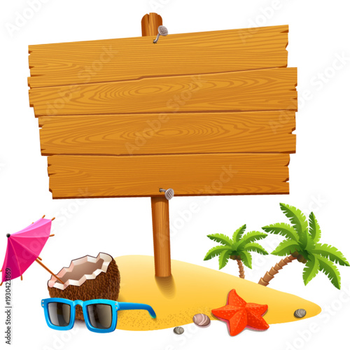 A tropical beach scene with a wooden signboard, sunglasses, and coconut on the sand, surrounded by palm trees and starfish, viewed from a slight angle.