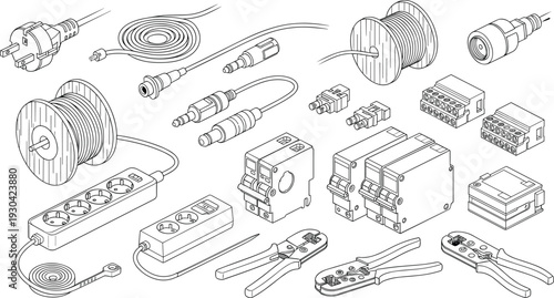 Electrical Equipment and Wiring Components Line Art Set with Plugs Cables Circuit Breakers Connectors and Tools Vector Outline Illustration Collection