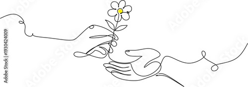 Continuous line drawing of a hand giving a flower to another hand.
