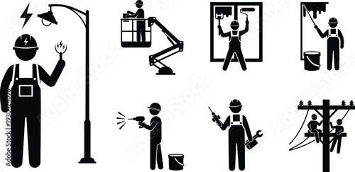 Construction and Maintenance Worker Silhouette Icon Set with Electrician, Painter, Window Cleaner, Welder and Utility Technician Vector Illustration Collection
