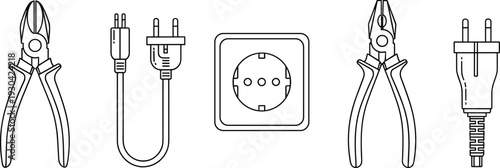 Electrical Plug Socket and Pliers Line Icon Set with Power Cable Outlet and Hand Tools Vector Outline Illustration Collection