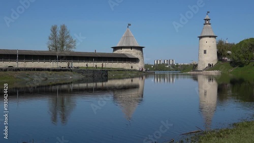 May day on the Pskov River near the Pskov Kremlin. Russia
