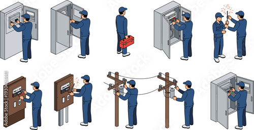 Electrician Worker Installation and Maintenance Set with Electrical Panels Power Lines Wiring Repair and Safety Procedures Vector Illustration Collection