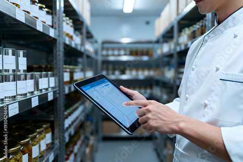 Inventory Check: A chef meticulously reviews a tablet in a well-organized storage room, ensuring efficient stock management and meticulous inventory control.