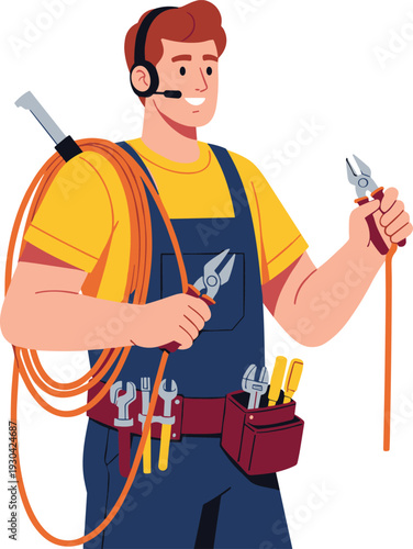 Professional Electrician Holding Pliers and Cable – Cartoon Style Illustration