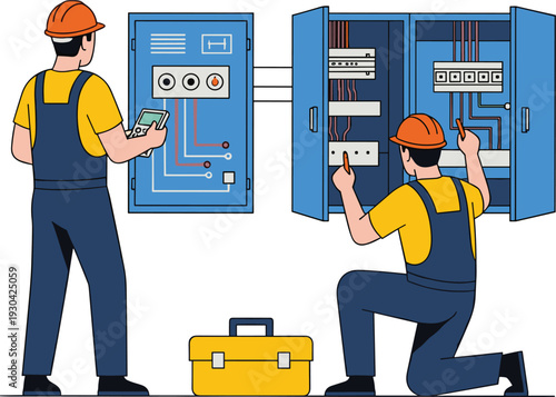Electricians Installing and Inspecting Electrical Control Panel