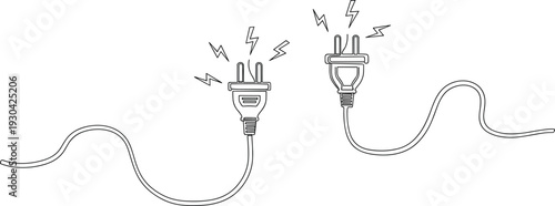 Electric Power Plug and Cord with Lightning Symbols Isolated on White Background