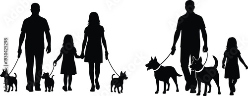 Black silhouettes of happy families with parents and children walking their pet dogs on leashes isolated on white background vector