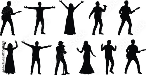 Black silhouettes of male and female singers and guitarists performing in various energeti