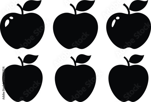 Six black apple with leaves on white background fruit