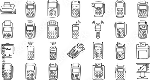 Collection of Hand-Drawn Icons Representing Various Point-of-Sale (POS) Terminals and Payment Devices