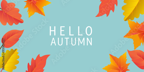 Autumn leaves and a hello autumn greeting on a blue background