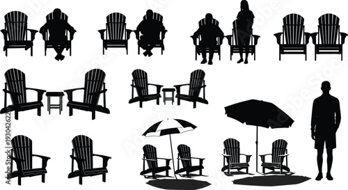 Black silhouettes of people sitting in Adirondack chairs with umbrellas and side tables, relaxing outdoors on a white background,