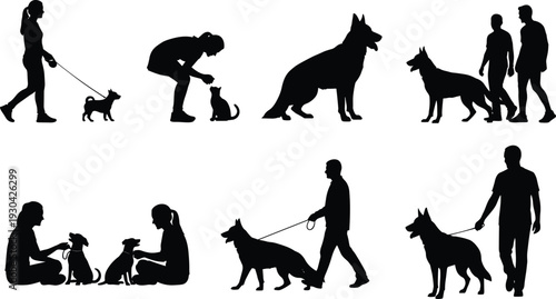 Black silhouettes of people walking and playing with dogs and cats isolated on white background for pet care and companionship vector