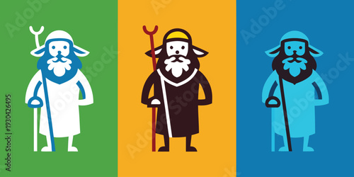 Three stylized depictions of a bearded man with a staff shown in color