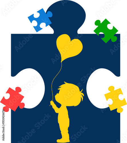 World autism awarness day illustration. Puzzle, pieces, child vector isolated.