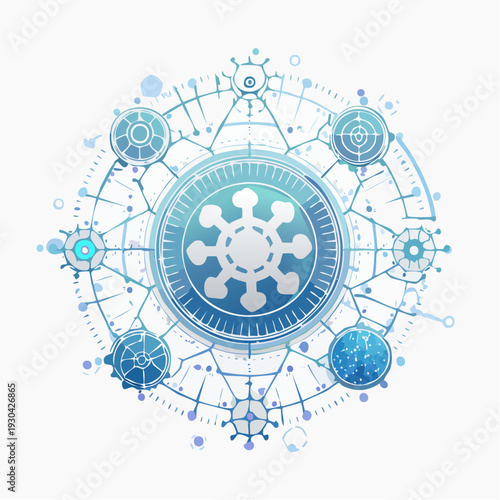 Complex mechanical system with interconnected gears and cogs in a circular diagram illustrating technological advancements in a futuristic setting from a top-down viewpoint.