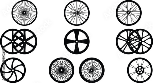 Bicycle wheel silhouettes collection with various spoke patterns, isolated on white background, cycling equipment design elements, black and white vector illustration set
