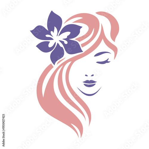 Logotipo de salón de belleza. Dibujo con cara de mujer con peinado con ondas y decorado con una flor de hibisco 