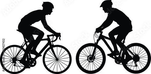 Road and mountain bike cyclist silhouettes, two male riders cycling side view, isolated on white background, sport training and active lifestyle concept