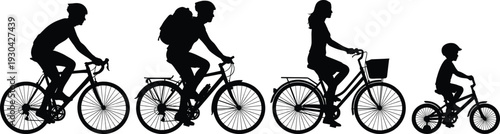 Silhouette set of family cycling together, adult men and woman with child riding bicycles, isolated on white background, active lifestyle and urban transportation concept