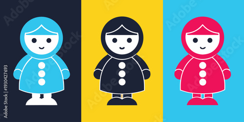 Three stylized figures with hooded cloaks in different colors
