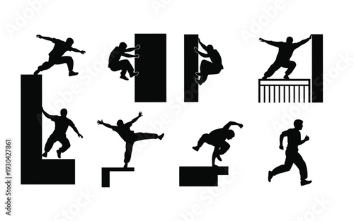 Silhouette illustrations of parkour practitioners in various dynamic poses