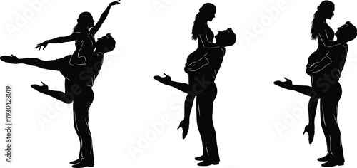 Couple dance silhouettes performing romantic lift isolated on white background elegant ballroom concept