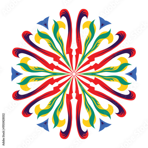 Vibrant circular mandala in traditional Rickshaw Art style. Symmetrical folk art vector with red, yellow, and green motifs. Ideal for Pohela Boishakh and cultural festival decor. Bengali New Year.