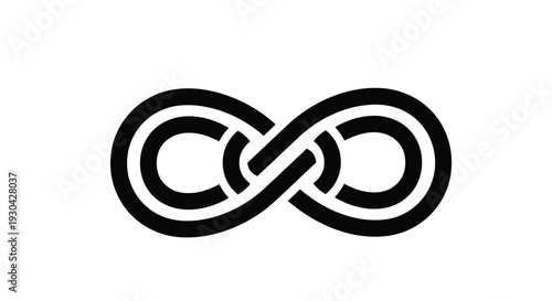 Black infinity symbol consists of two interlocking curved paths that form a loop representing eternity and endlessness on a white background.