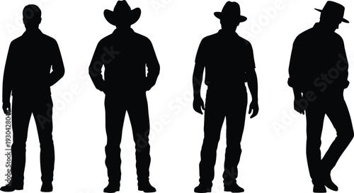 Cowboy silhouettes standing in western hats isolated on white background rustic ranch lifestyle concept