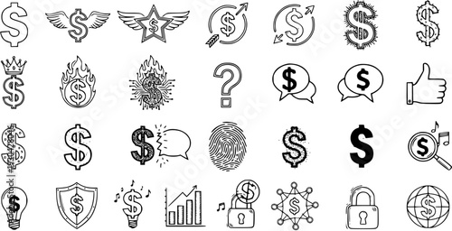 Hand-drawn Doodle Style Money and Finance Icons Set. Collection of Dollar Sign Symbols Representing Financial, Business, Success, and Security Concepts.