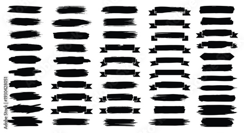 Large collection of black paint brush strokes and grunge banner shapes provides textured design elements for creative graphic projects.