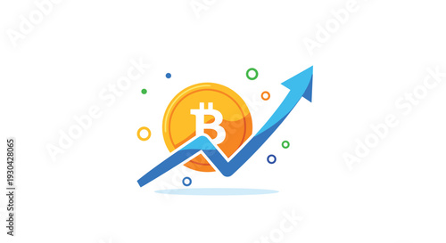 Golden bitcoin coin is shown with a bright blue arrow trending upwards to symbolize rising value and growth of digital crypto assets.