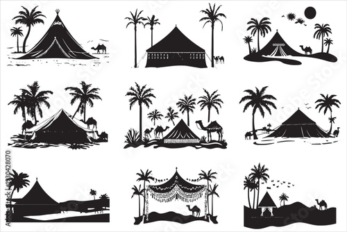 Desert camp scenes with tents palm trees and camels