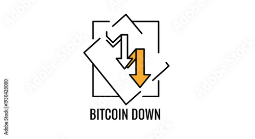Minimalist graphic features downward pointing arrows with the text BITCOIN DOWN to signify a decrease in market value or price decline.