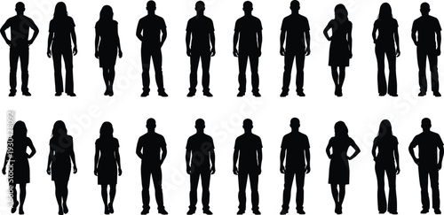 Diverse people silhouettes standing in various poses isolated on white background full body collection