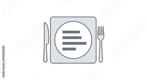 Flat design menu icon with plate and cutlery. Simple graphic symbol for restaurant, dining, food service, order, or recipe.