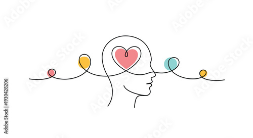 Human head profile is drawn with a single continuous line and contains a heart shape inside to represent love and mental health.