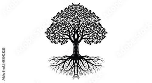 Detailed silhouette of a large leafy tree with an extensive root system shows the balance between life above and below the earth.