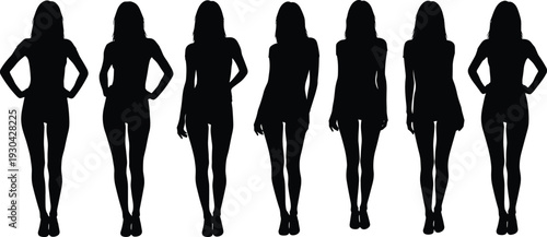 Female body silhouettes standing in various poses isolated on white background fashion model template collection