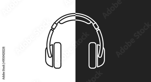 Minimalist Outline Headphones Icon. Black and White Line Art Headset Graphic on Split Background. Audio, Music, Sound, Technology.