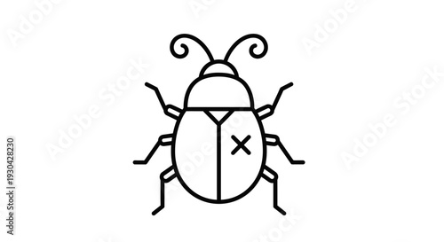 Simple black outline bug icon with cross symbol. Line art illustration of an insect for error, debug, or pest control concepts.